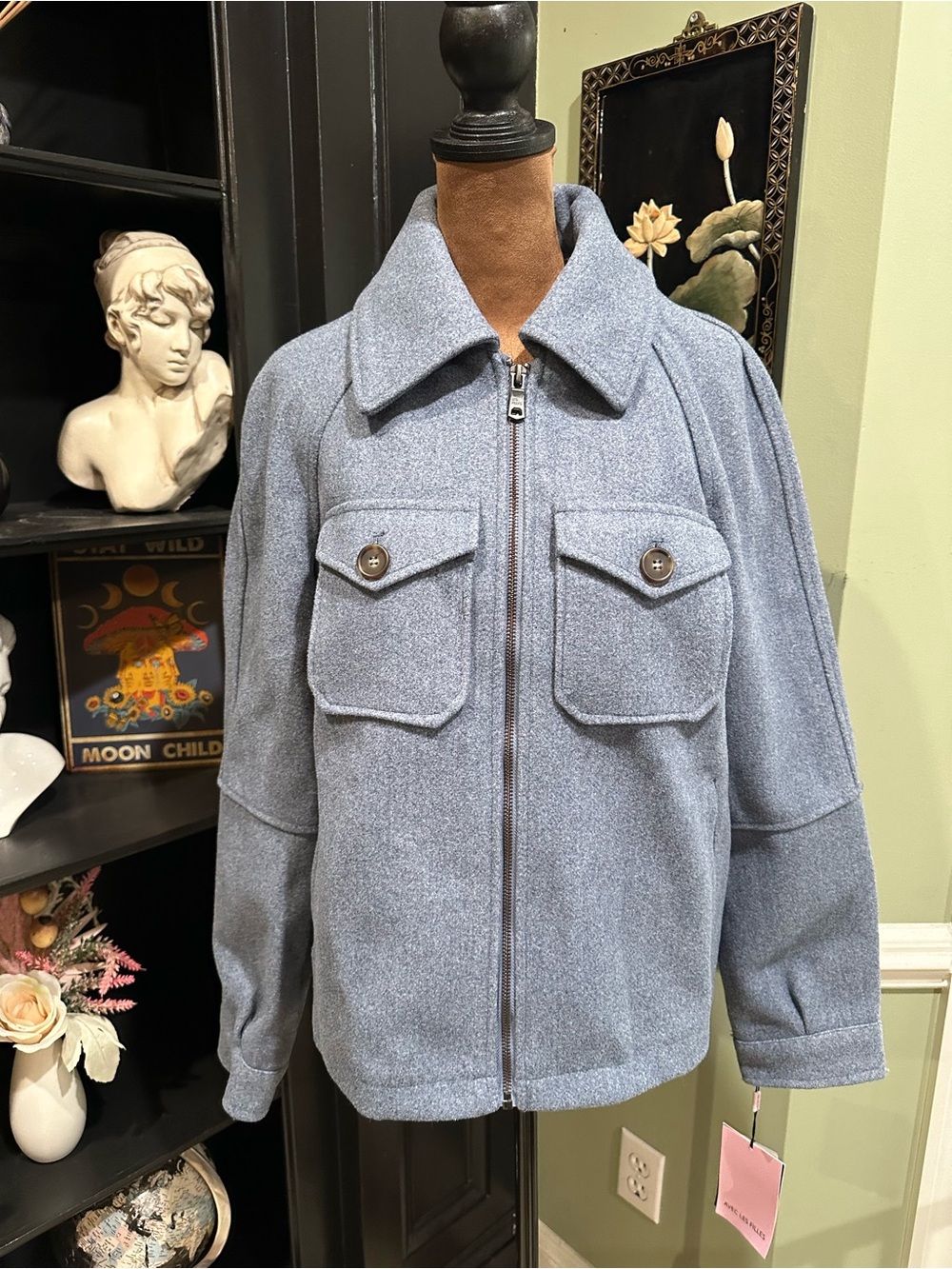 Avec Les Filles Zip Front Shirt Jacket Blue Wool Blend Shacket NWT Small